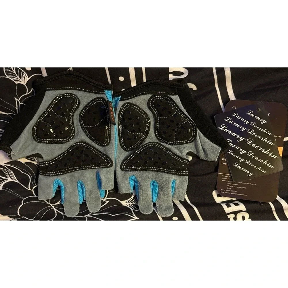NEW Ozero Deerskin Suede‎ Blue & Black Fingerless Cycling Gloves, Small